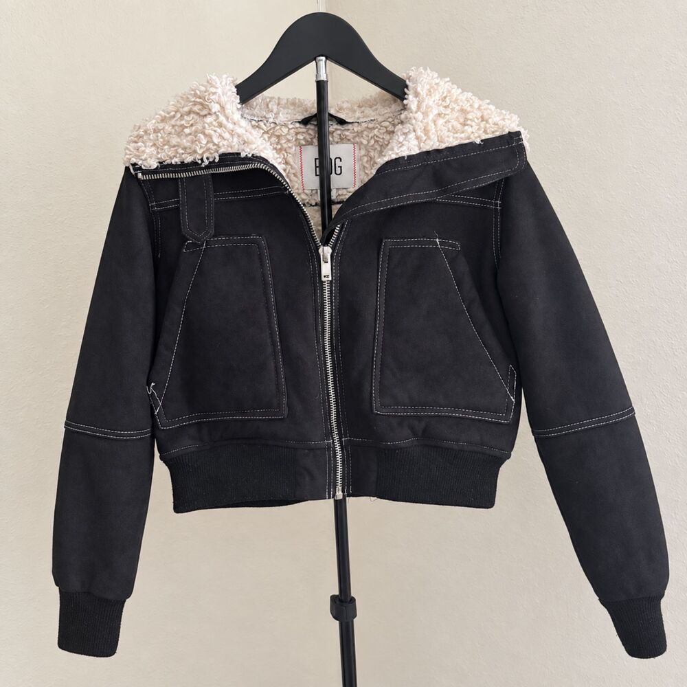 BDG Urban Outfitters Cropped Black Sherpa Bomber Jacket XS